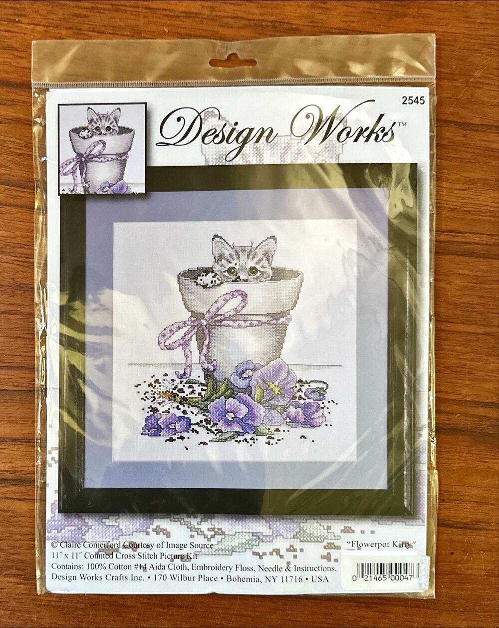 NEW Design Works Stamped Cross Stitch Kit Flowerpot Kitty Pansy 11 x 11" # 2545